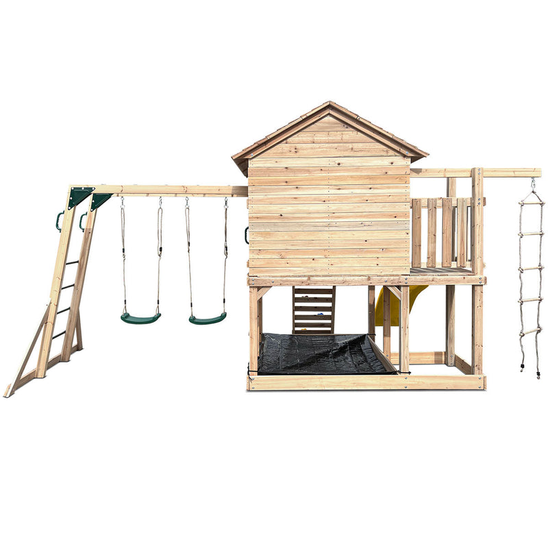 Kids Kingston Style Cubby House with Yellow Slide, Swing Set & Rope Ladder