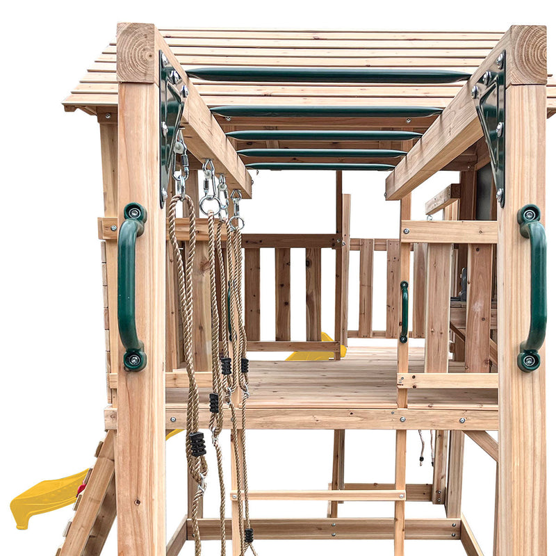 Kids Kingston Style Cubby House with Yellow Slide, Swing Set & Rope Ladder