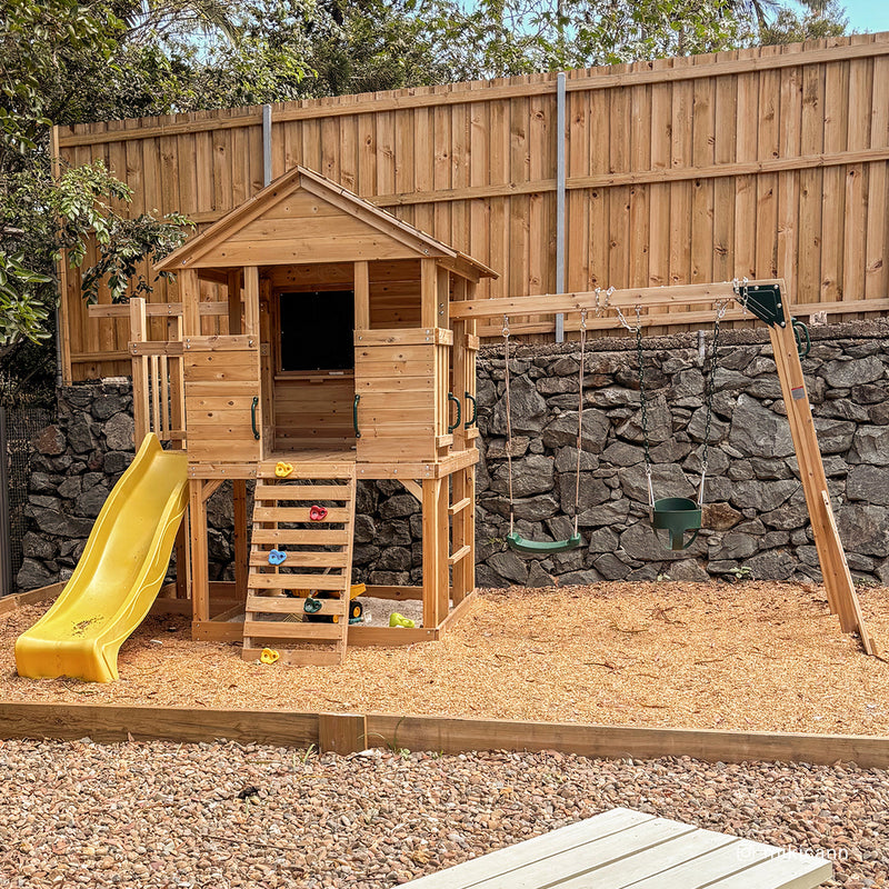 Kids Kingston Style Cubby House with Yellow Slide, Swing Set & Rope Ladder