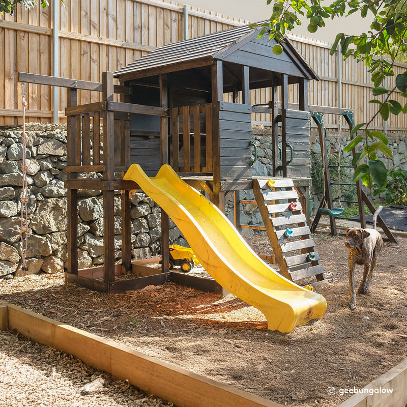 Kids Kingston Style Cubby House with Yellow Slide, Swing Set & Rope Ladder