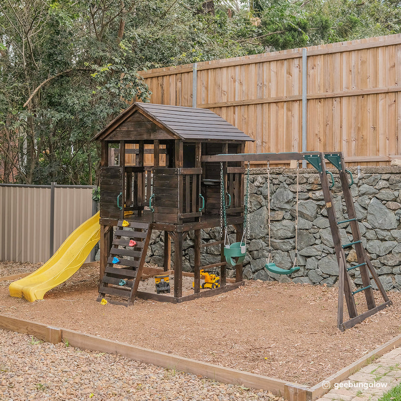 Kids Kingston Style Cubby House with Yellow Slide, Swing Set & Rope Ladder