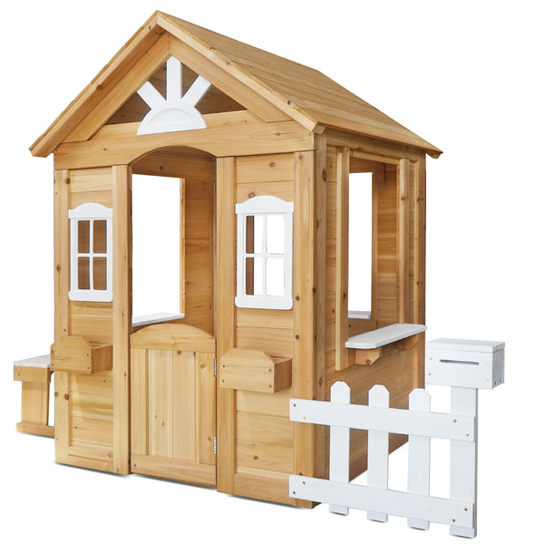 Kids Cubby House with Picket Fence, Letter Box &amp; Snack Bench (Natural Finish)