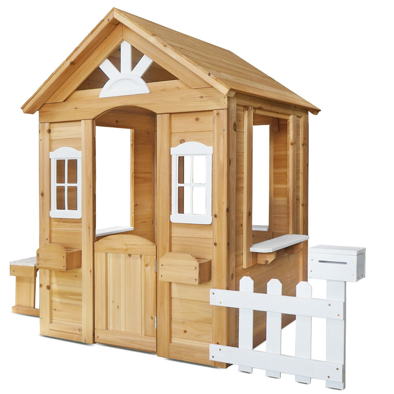 Kids Cubby House with Picket Fence, Letter Box &amp; Snack Bench (Natural Finish)