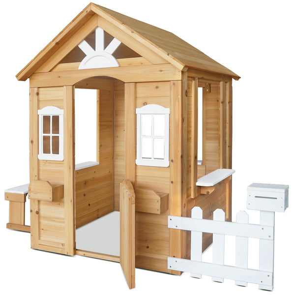 Kids Cubby House with Picket Fence, Letter Box &amp; Snack Bench (Natural Finish)