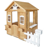 Kids Cubby House with Picket Fence, Letter Box &amp; Snack Bench (Natural Finish)