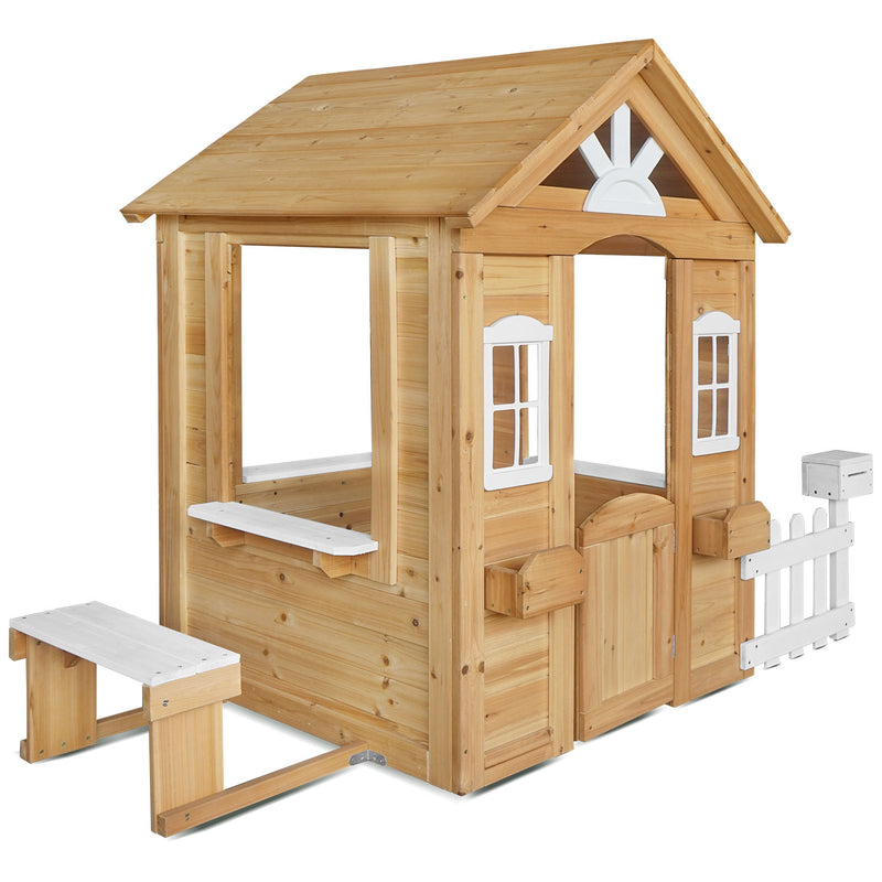 Kids Cubby House with Picket Fence, Letter Box &amp; Snack Bench (Natural Finish)
