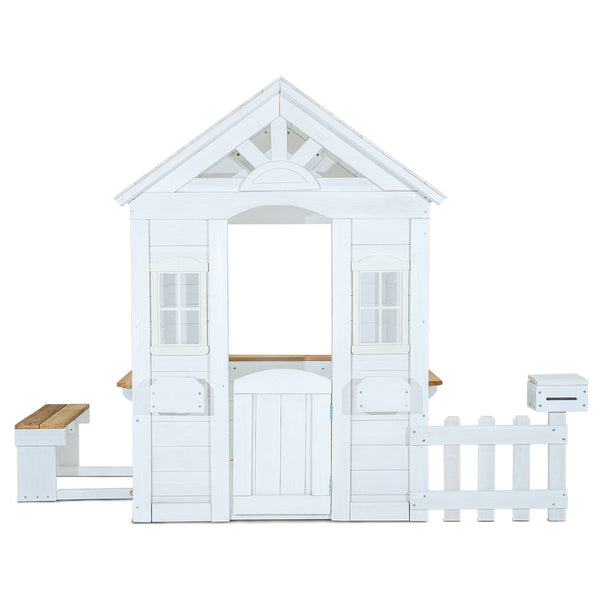 Kids Painted Teddy Cubby House with Seating, Picket Fence & Letterbox