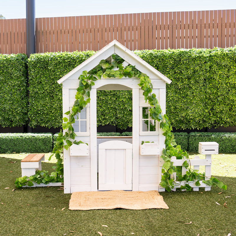 Kids Cubby House with In-built Floor, Picket Fence, Letter Box & Snack Bench (White)