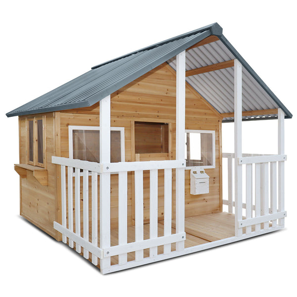 Kids Rural Style Cubby House with Barn Doors, Corrugated Roof &amp; Natural Finish