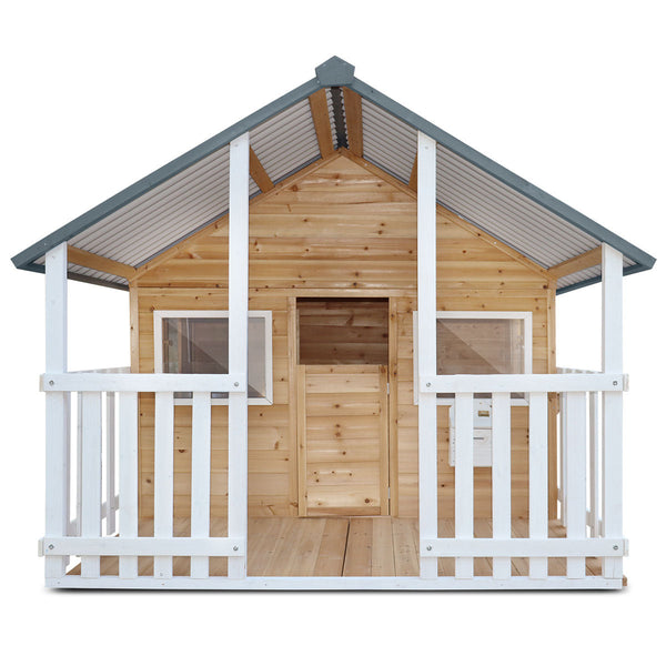 Kids Rural Style Cubby House with Barn Doors, Corrugated Roof &amp; Natural Finish