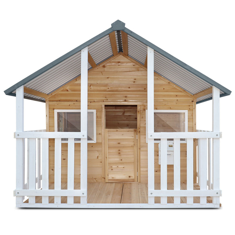 Kids Rural Style Cubby House with Barn Doors, Corrugated Roof &amp; Natural Finish