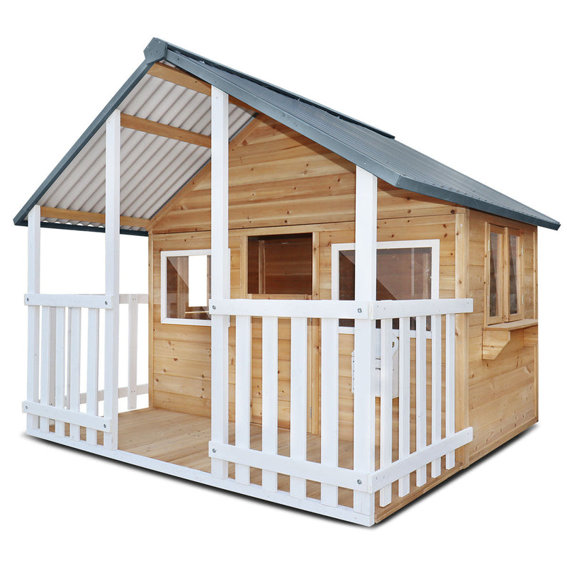 Kids Rural Style Cubby House with Barn Doors, Corrugated Roof &amp; Natural Finish