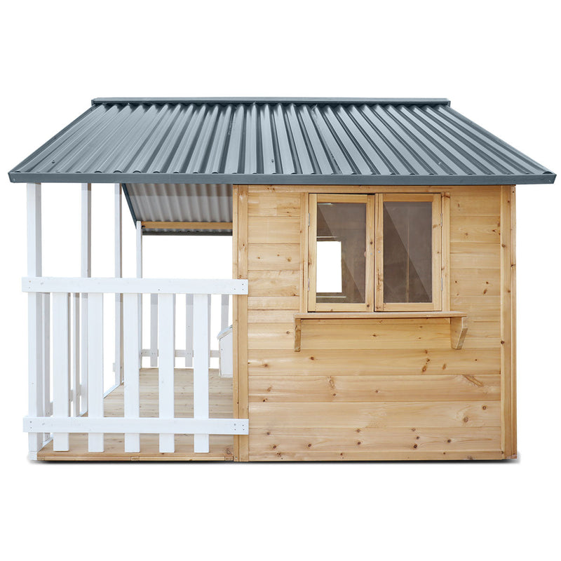 Kids Rural Style Cubby House with Barn Doors, Corrugated Roof &amp; Natural Finish