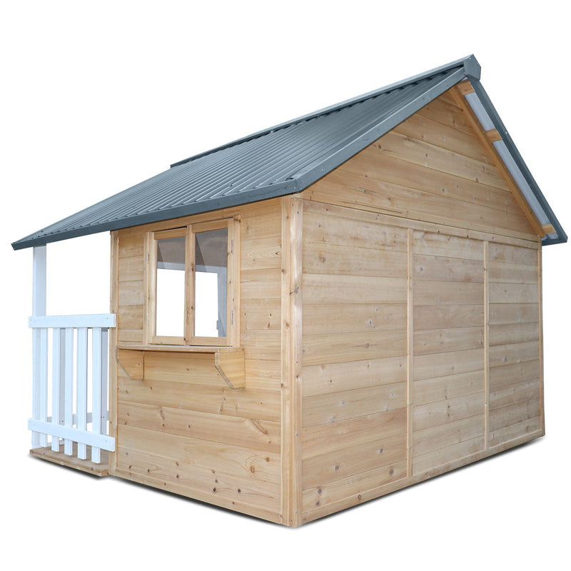 Kids Rural Style Cubby House with Barn Doors, Corrugated Roof &amp; Natural Finish