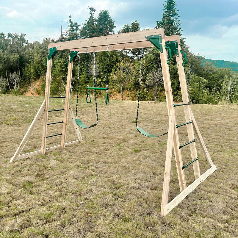 Kids Multi-Fun Monkey Bars & Triple Swing Timber Set