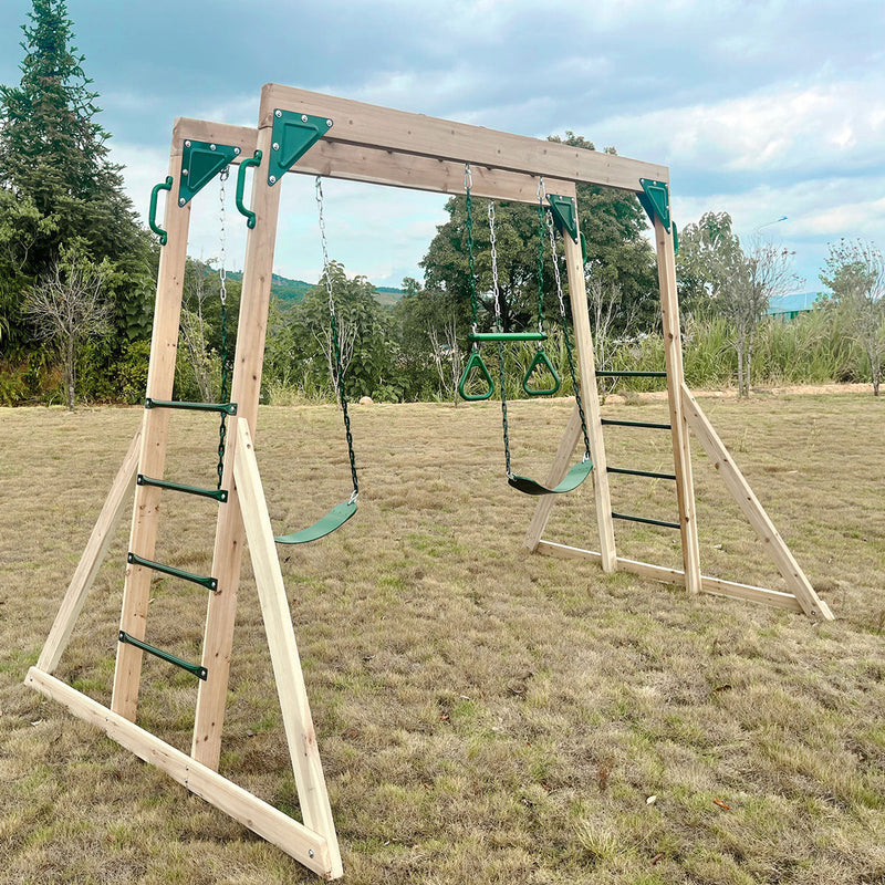 Kids Multi-Fun Monkey Bars & Triple Swing Timber Set