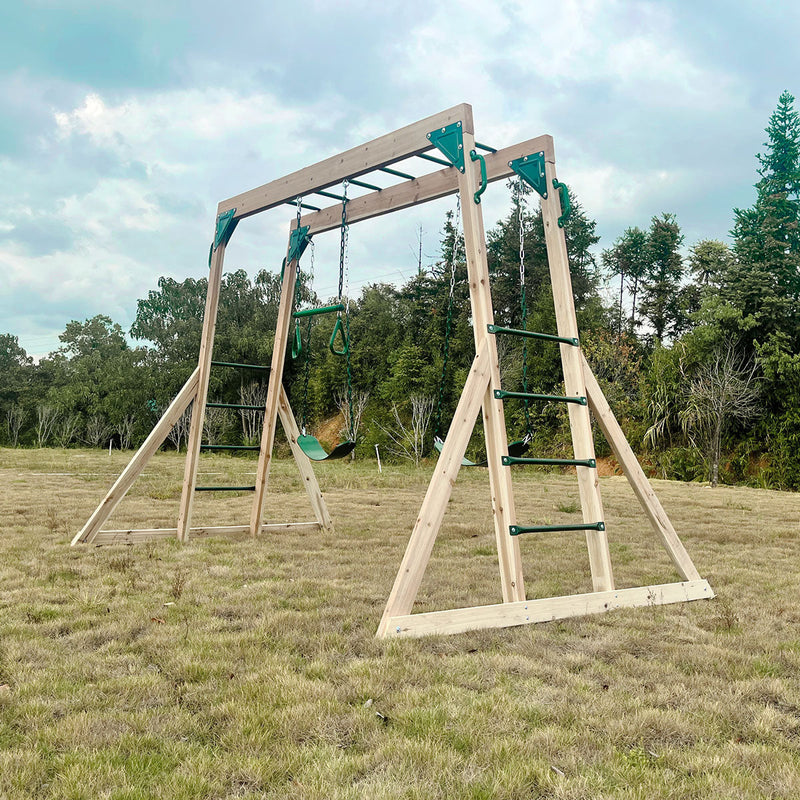 Kids Multi-Fun Monkey Bars & Triple Swing Timber Set