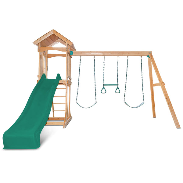 Kids Multi-Station Timber Play Centre with Tower + Green Slide