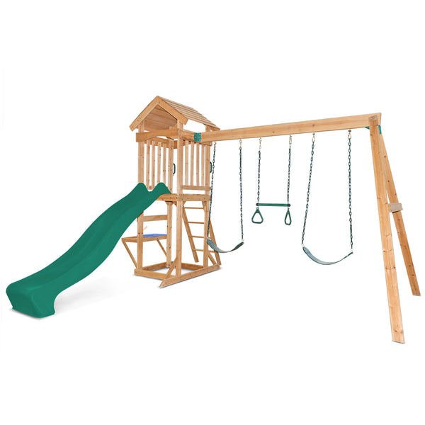 Kids Multi-Station Timber Play Centre with Tower + Green Slide