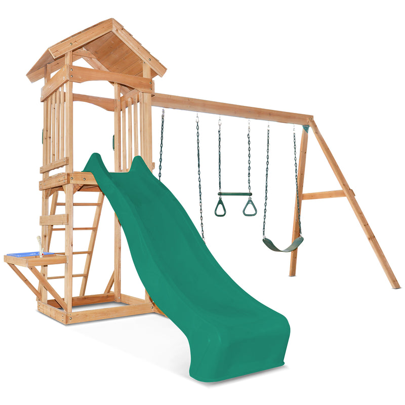 Kids Multi-Station Timber Play Centre with Tower + Green Slide
