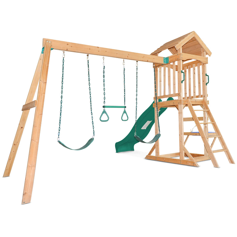Kids Multi-Station Timber Play Centre with Tower + Green Slide