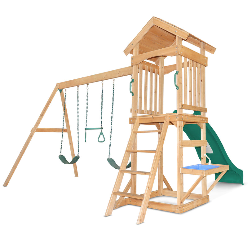 Kids Multi-Station Timber Play Centre with Tower + Green Slide