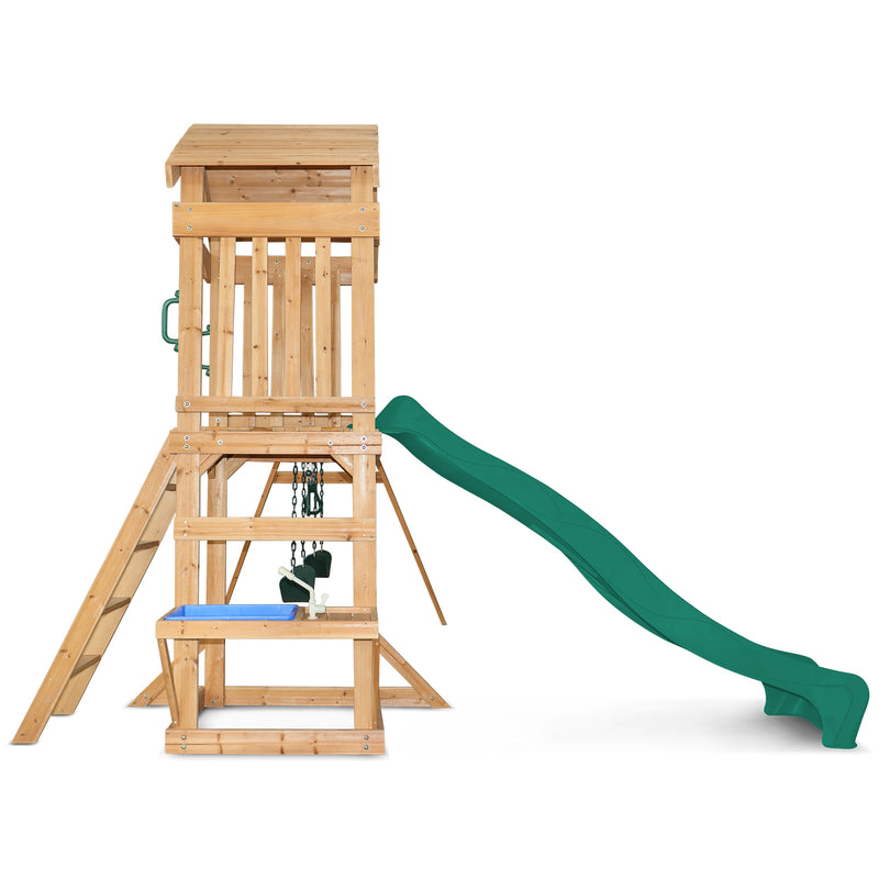 Kids Multi-Station Timber Play Centre with Tower + Green Slide