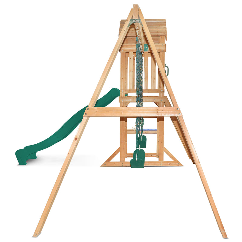 Kids Multi-Station Timber Play Centre with Tower + Green Slide
