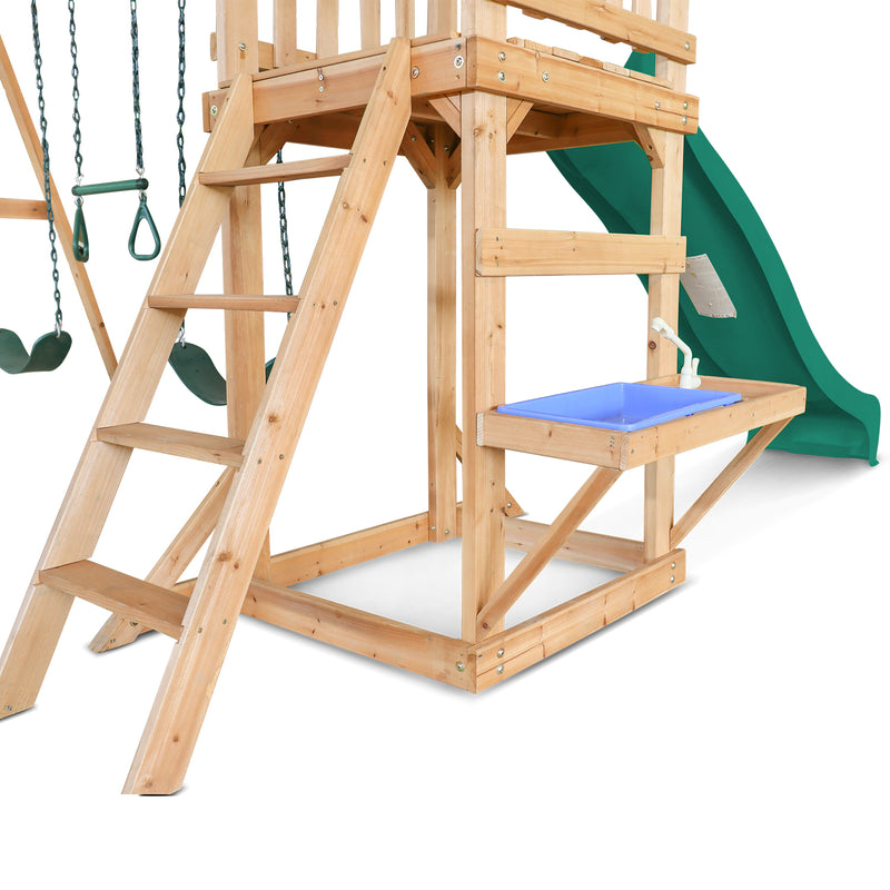 Kids Multi-Station Timber Play Centre with Tower + Green Slide