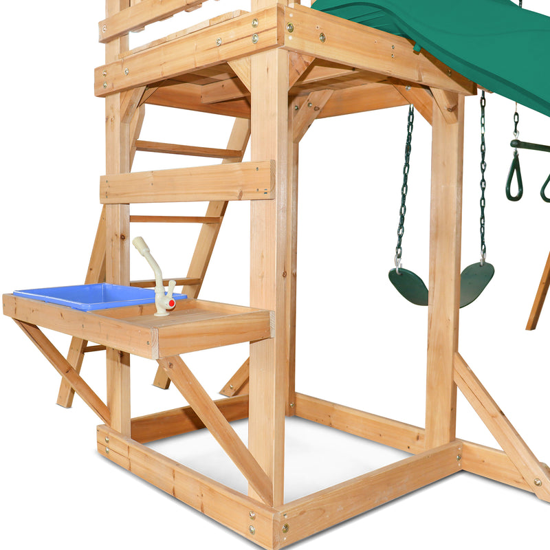 Kids Multi-Station Timber Play Centre with Tower + Green Slide