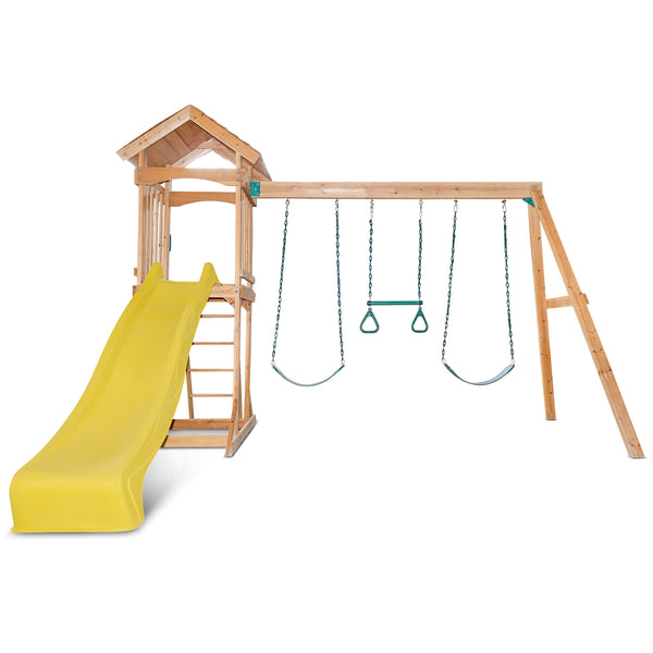 Kids Multi-Station Timber Play Centre with Tower + Yellow Slide