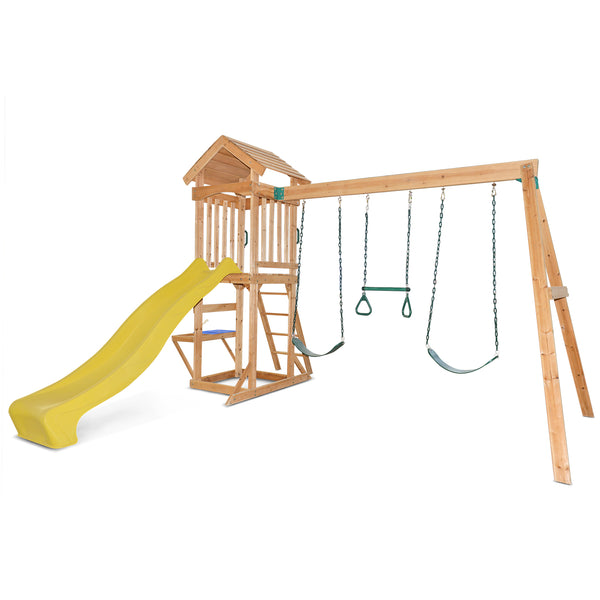 Kids Multi-Station Timber Play Centre with Tower + Yellow Slide