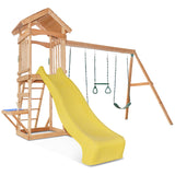 Kids Multi-Station Timber Play Centre with Tower + Yellow Slide