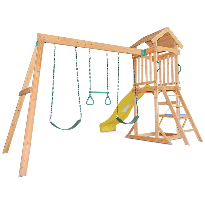 Kids Multi-Station Timber Play Centre with Tower + Yellow Slide