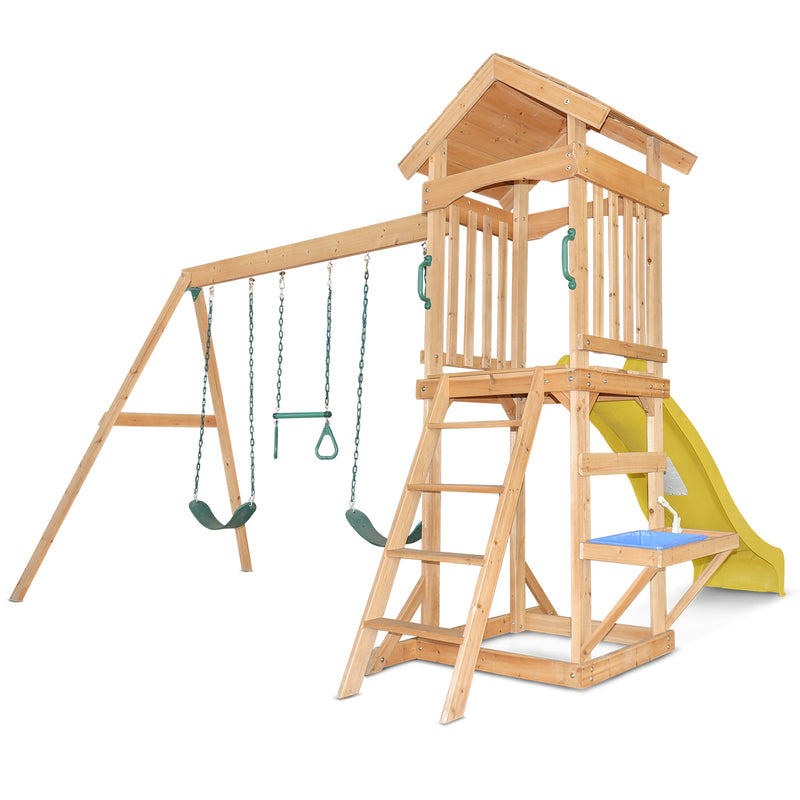 Kids Multi-Station Timber Play Centre with Tower + Yellow Slide