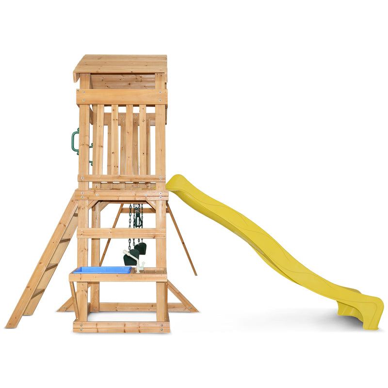 Kids Multi-Station Timber Play Centre with Tower + Yellow Slide