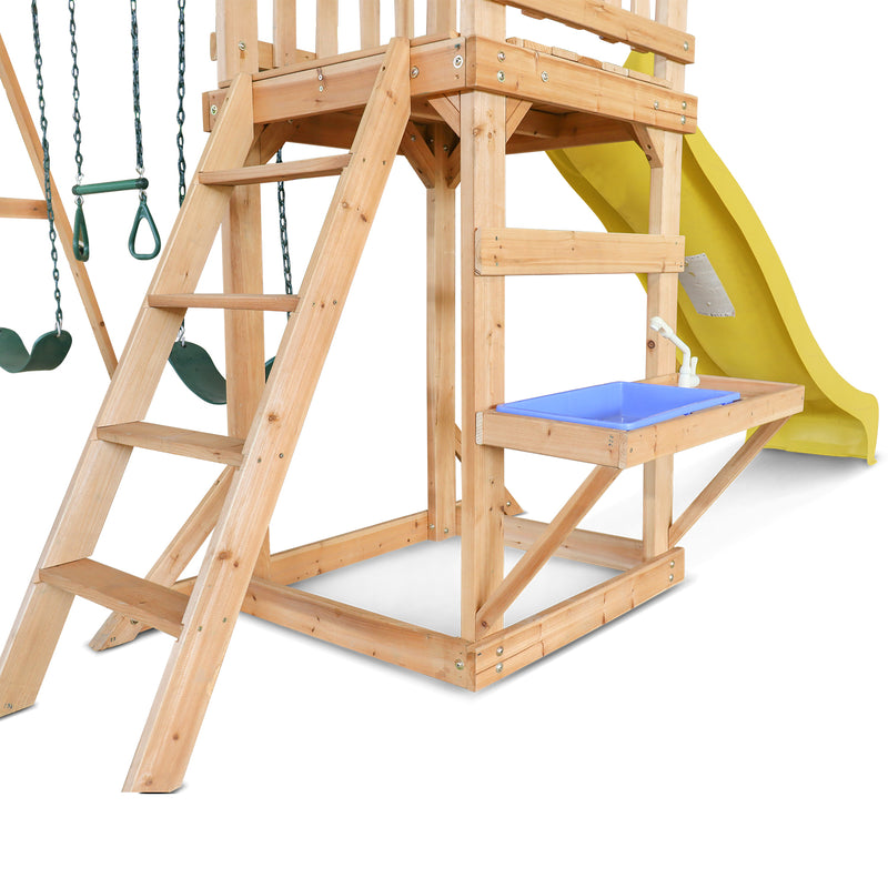 Kids Multi-Station Timber Play Centre with Tower + Yellow Slide