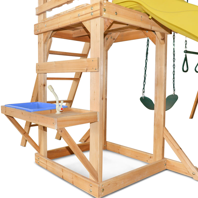 Kids Multi-Station Timber Play Centre with Tower + Yellow Slide