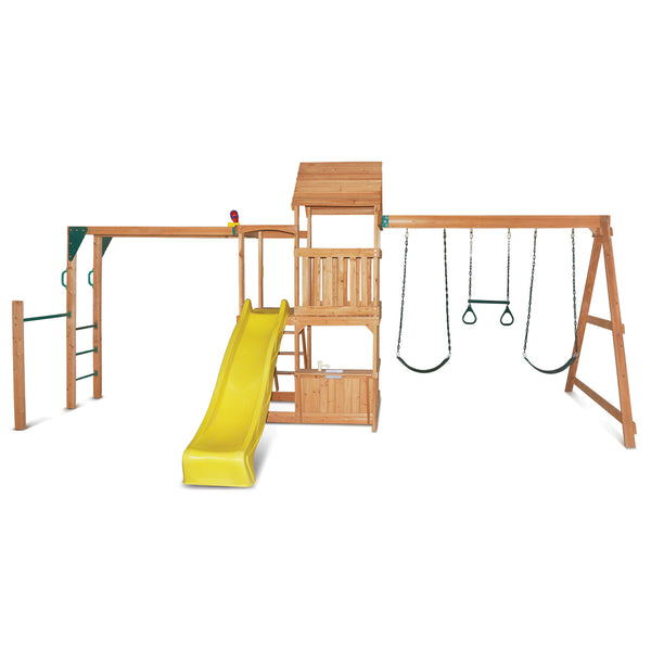 Kids Giant Multi-Zone Play Centre with Tower, Swings, Monkey Bars + Yellow Slide