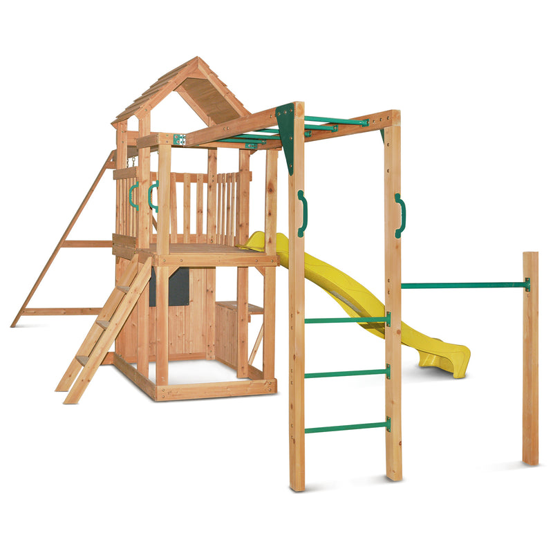 Kids Giant Multi-Zone Play Centre with Tower, Swings, Monkey Bars + Yellow Slide