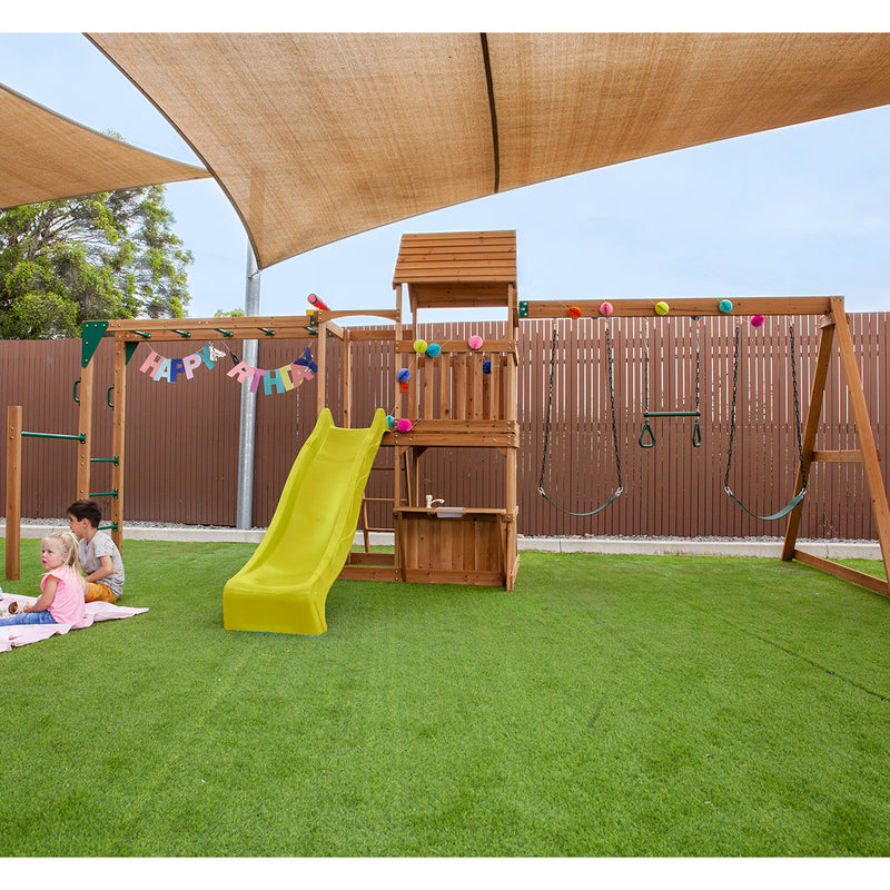 Kids Giant Multi-Zone Play Centre with Tower, Swings, Monkey Bars + Yellow Slide