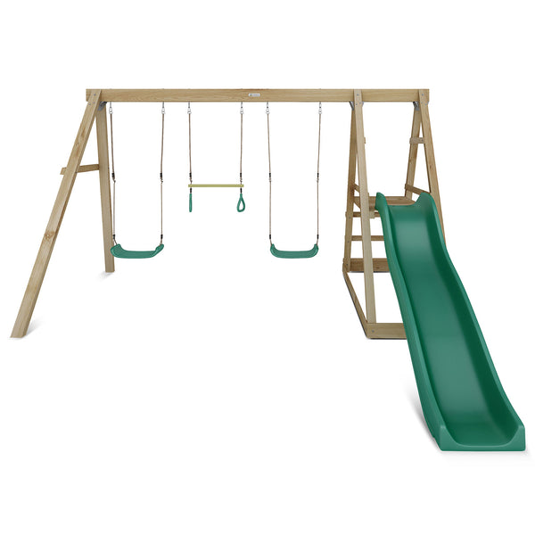 Kids 4 Station Timber Swing Set + Green Slide