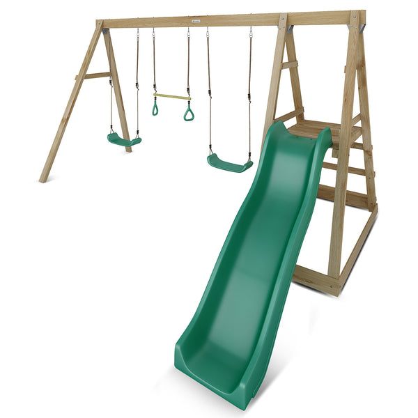 Kids 4 Station Timber Swing Set + Green Slide