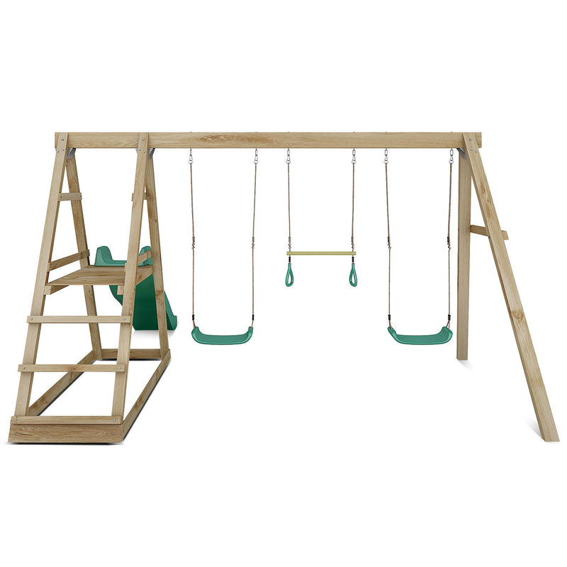 Kids 4 Station Timber Swing Set + Green Slide