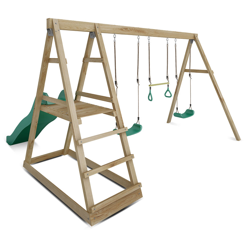 Kids 4 Station Timber Swing Set + Green Slide