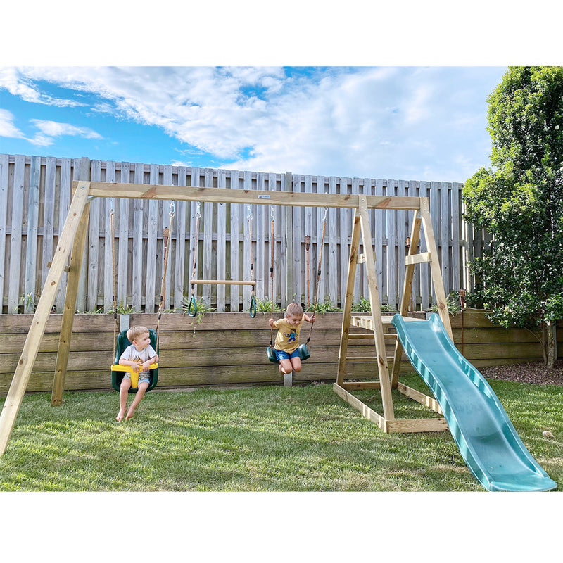 Kids 4 Station Timber Swing Set + Green Slide