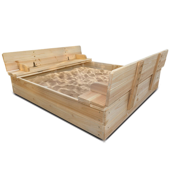 Kids Strongbox Square Sandpit with Foldable Seats / Timber Cover
