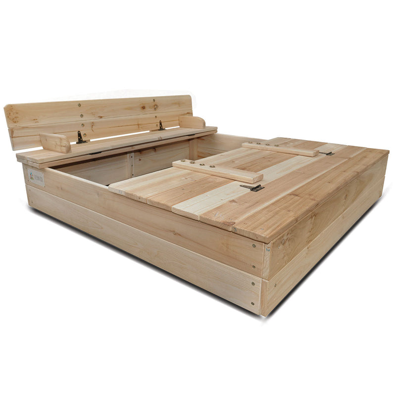 Kids Strongbox Square Sandpit with Foldable Seats / Timber Cover