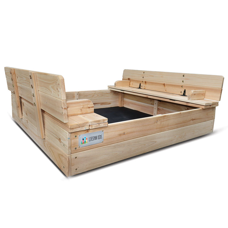 Kids Strongbox Square Sandpit with Foldable Seats / Timber Cover