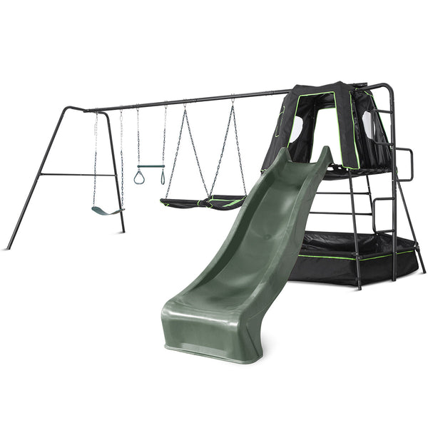 Kids Play Tower with Metal Swing Set + Green Slide